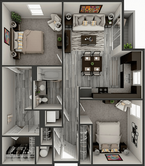 Floor plan for 2 beds, 2 baths, 1076 sqft